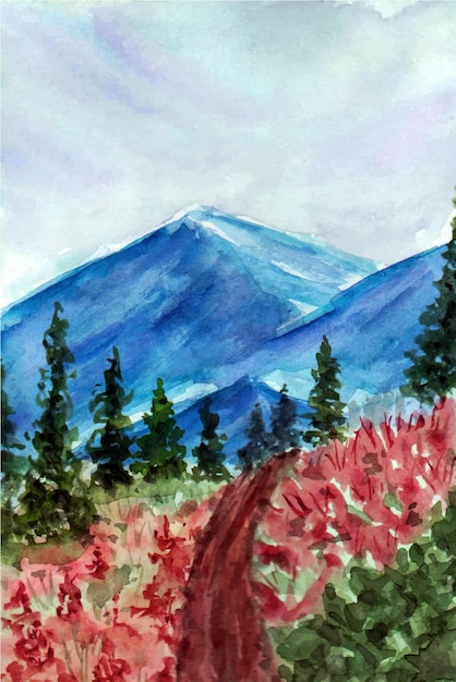 a beautiful mountain and tree landscape watercolor painting background