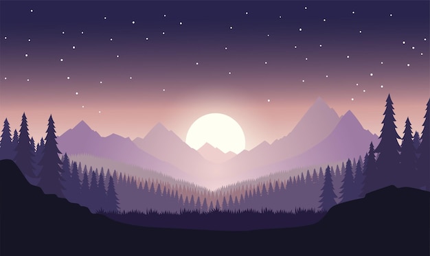 Beautiful Mountains Explore Nature Landscape with Pine Trees in Forest with Sun in Dawn Sky