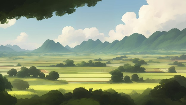 Beautiful Mountains and Farmlands Scenery Detailed Hand Drawn Painting Illustration