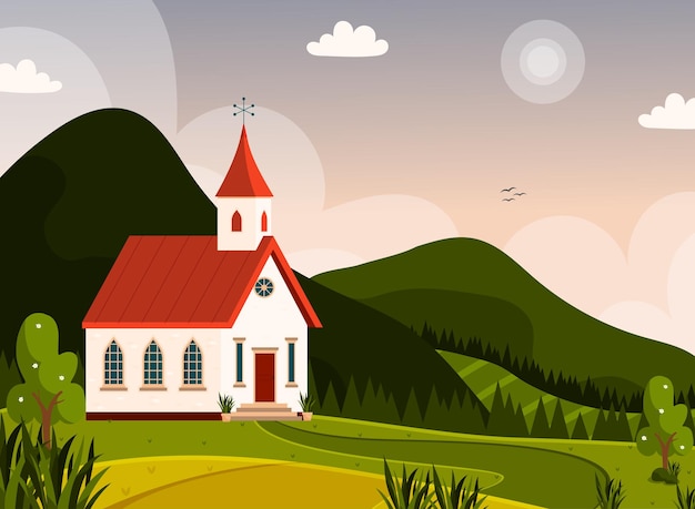 Bellissimo paesaggio di montagne e un poster di illustrazione vettoriale della chiesa scandinava