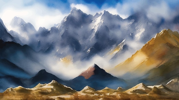 Vector beautiful mountains landscape watercolor painting vector illustration