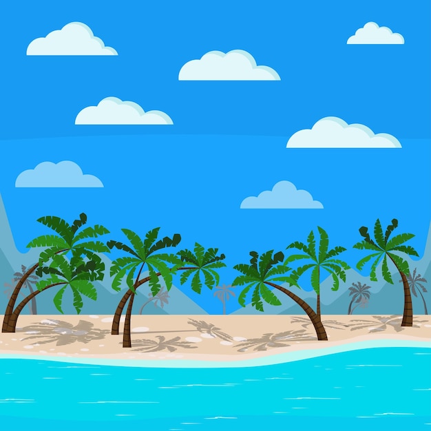 Beautiful mountains and sea landscape blue ocean palm trees\
clouds sand coastline