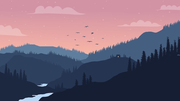 Vector beautiful mountains with pine trees and the river landscape at sundown background