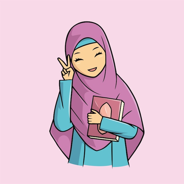 Vector beautiful muslim girl carrying the quran