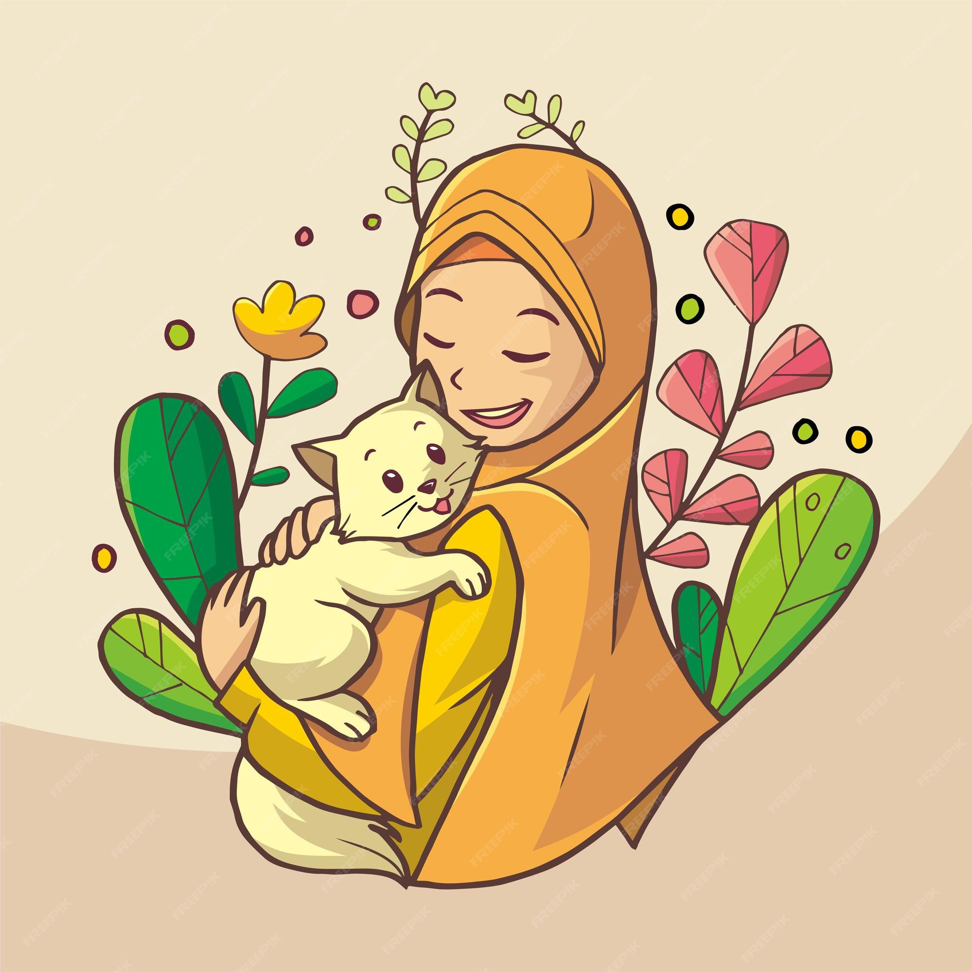 Premium Vector  Cute a muslim girl and a cat cartoon illustration