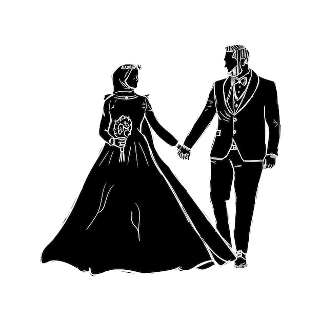 Beautiful muslim man and woman couple married with hijab hand drawn silhouette sketch illustration