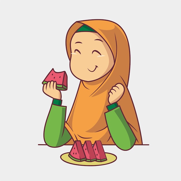 수박을 먹는 아름다운 이슬람 여성.