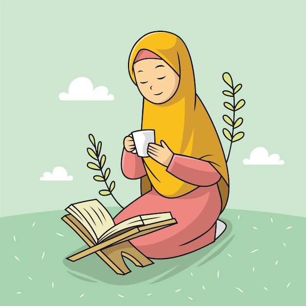 Vector beautiful muslim woman in hijab reading the quran while drinking coffee