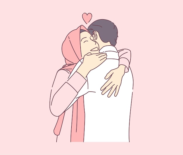 Vector a beautiful muslim woman hugging a man with happy smile hand drawn illustration