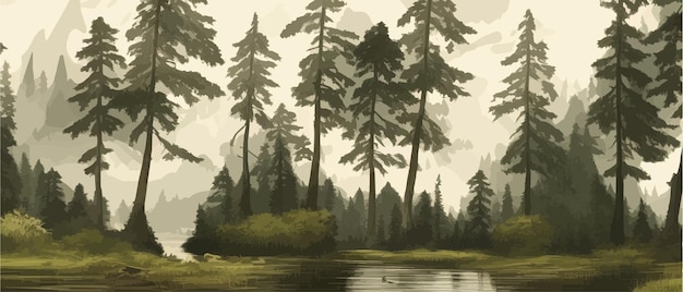 Vector a beautiful mysterious pine forest with large trees and excellent vegetation with a swamp vector