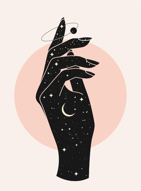 Вектор Красивый мистический силуэт руки женщины с текстурой звездного неба ночи на светлом фоне