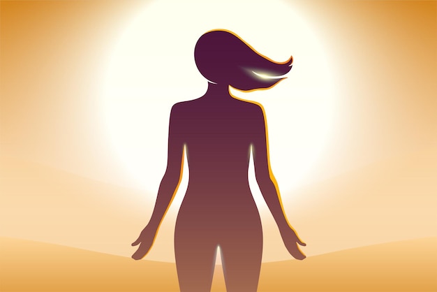 Vector beautiful naked woman relaxing in front of bright sun on a desert landscape background