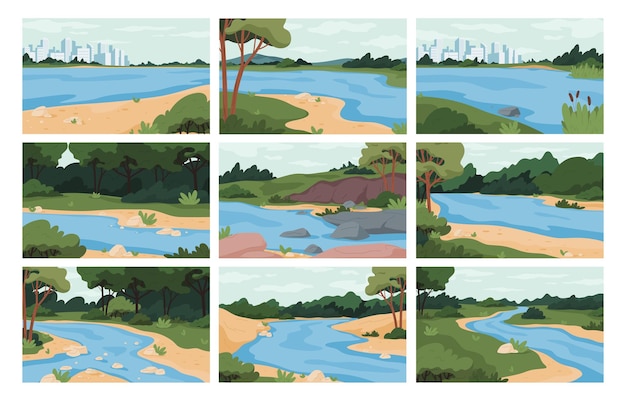 Vector beautiful natural landscape with a river summer river with trees and greenery beautiful nature