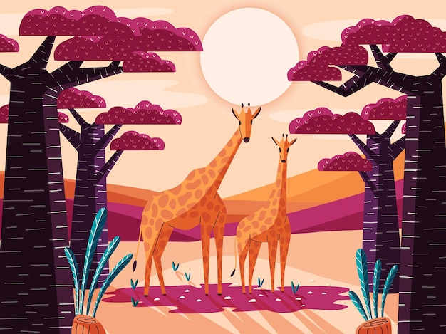 Beautiful natural savannah landscape with giraffes and baobab trees.