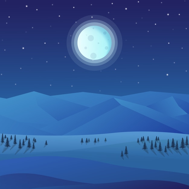 Vector beautiful natural scenery at night with trees and full moon