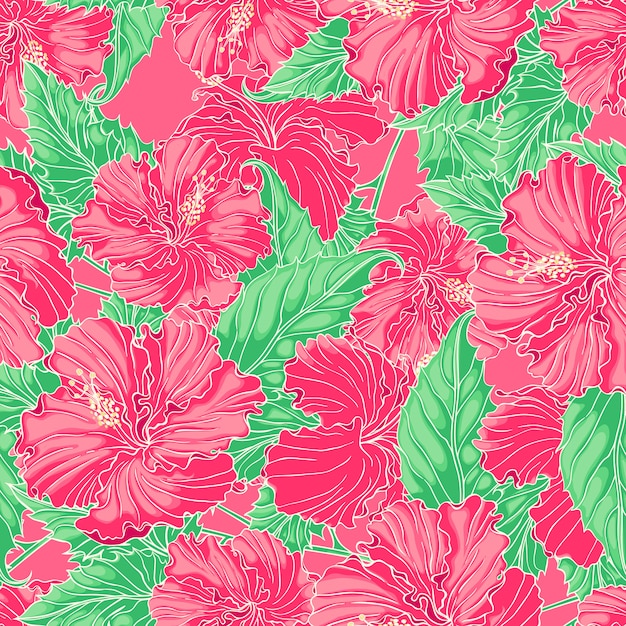 Beautiful natural seamless background with pink hibiscus