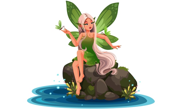 Beautiful nature fairy sitting on a river stone