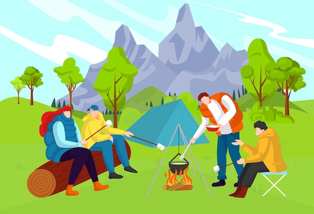 Beautiful nature interesting adventure tourist camp travel in forest near mountains design cartoon