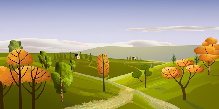 Vector beautiful nature landscape scenery illustration forest river hills mountain field countryside