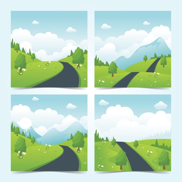 Beautiful nature landscape with countryside road, summer landscape collections with flat style