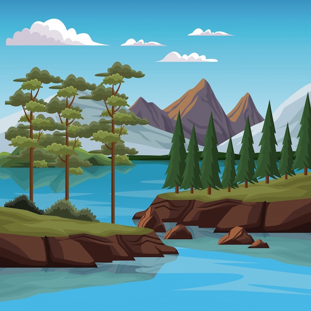 Vector beautiful nature landscape with lake