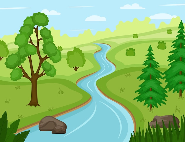 Vector beautiful nature landscape with river, vector illustration