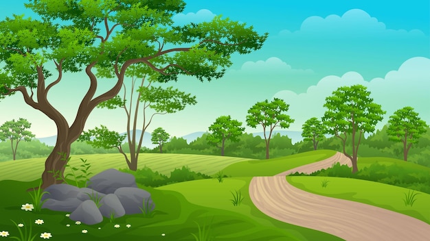 Vector beautiful nature scene green hill with footpath, field and forest landscape