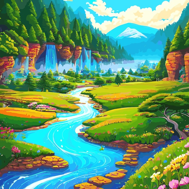 Beautiful nature scenery landscape with forest river and mountain digital illustration vector