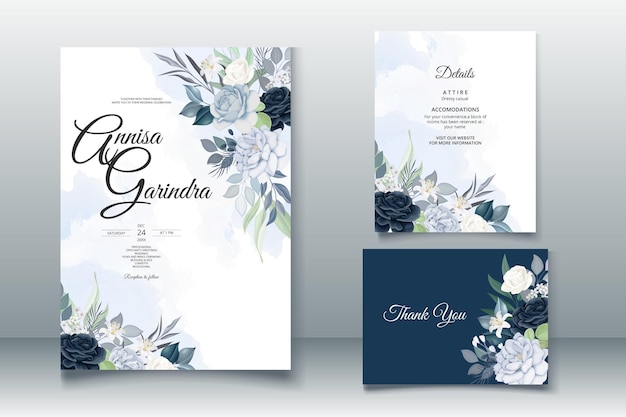 Beautiful navy blue floral frame wedding invitation card template premium vector