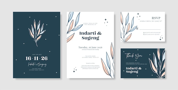 Beautiful navy and white wedding invitation template with beautiful eucalyptus