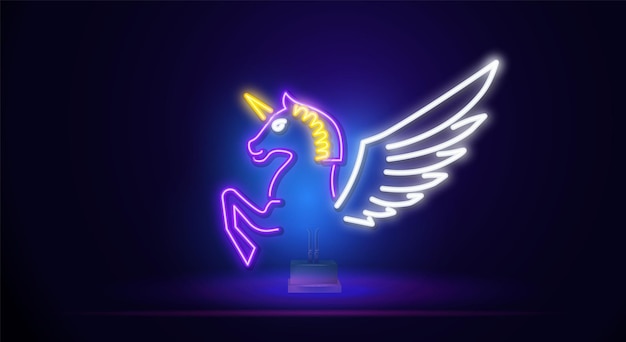 Bellissimo segno al neon di unicorno con ali logo al neon luminoso banner pubblicitario design un segno con la notte ...