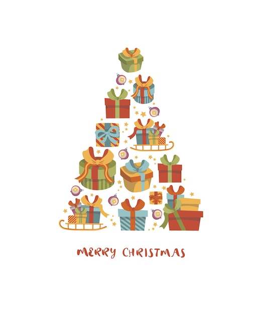선물로 만든 크리스마스 트리가 있는 아름다운 새해 카드