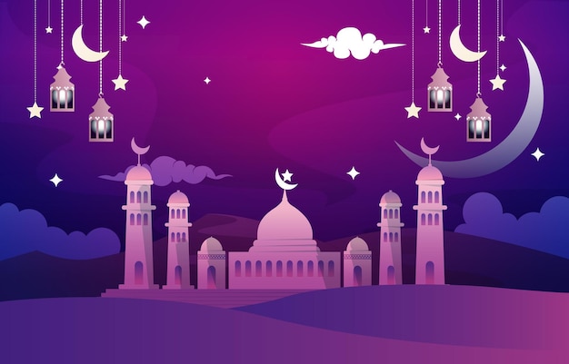 beautiful night eid mubarak ramadan kareem islamic celebration illustration
