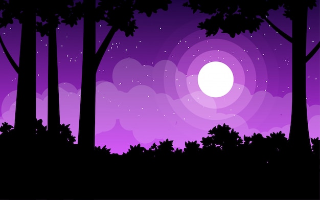 Beautiful night illustration with moonlight in forest