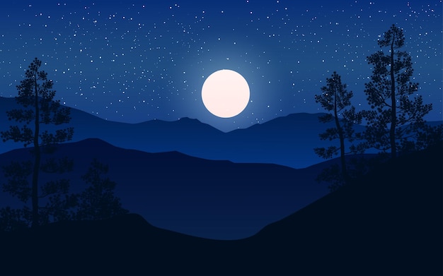 Вектор Красивая ночь в сосновом лесу с луной и звездным небом
