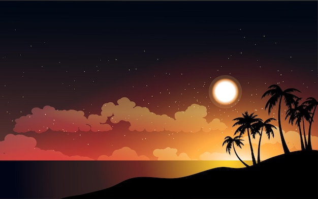 満月と始まる熱帯のビーチで美しい夜