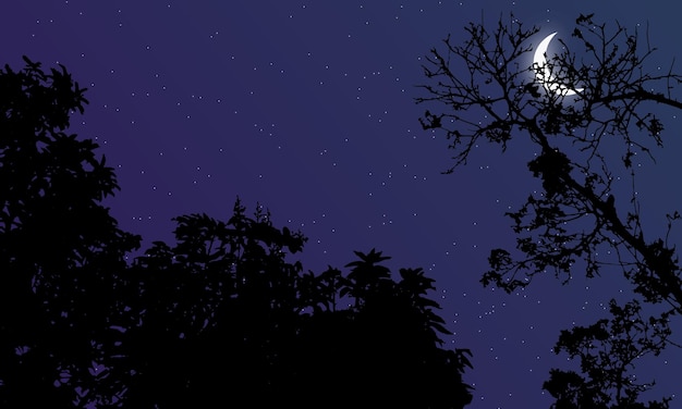 月と星が描かれた森の美しい夜空の風景