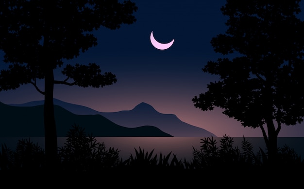 Beautiful night with crescent moon landscape