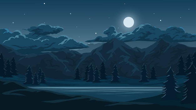 Beautiful night with mountain lake and moonlight