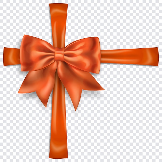 Beautiful orange bow with crosswise ribbons with shadow on transparent background. Transparency only in vector format