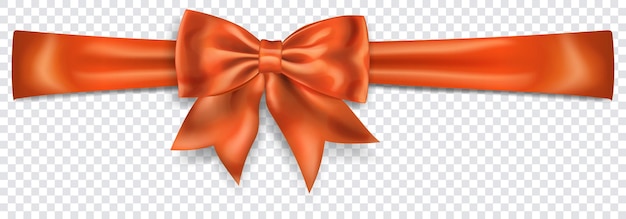 Beautiful orange bow with horizontal ribbon with shadow on transparent background. Transparency only in vector format