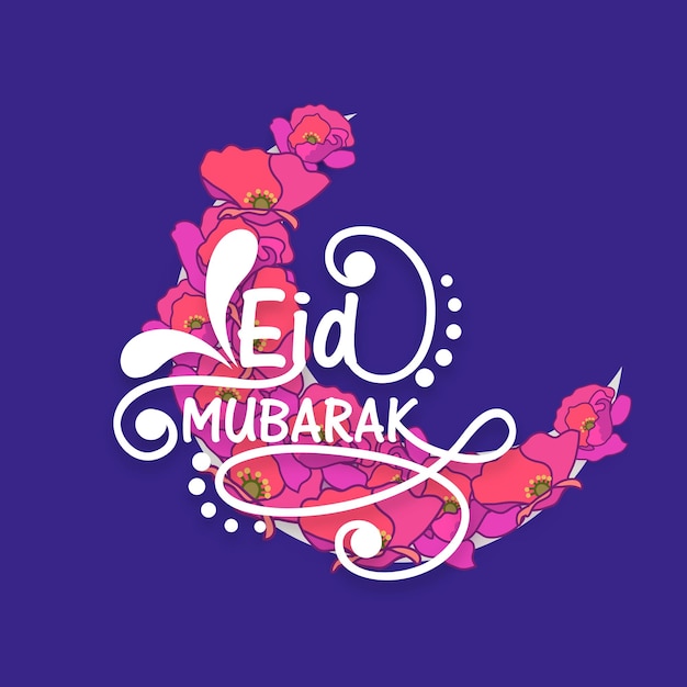 Vector beautiful orange flowers made crescent moon on blue background elegant greeting card design for islamic festival eid mubarak celebration