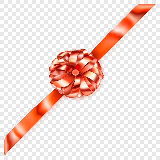 Beautiful orange shiny bow with diagonally ribbon with shadow on transparent background