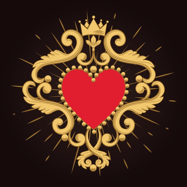 Vettore bellissimo cuore rosso ornamentale con corona su sfondo nero.