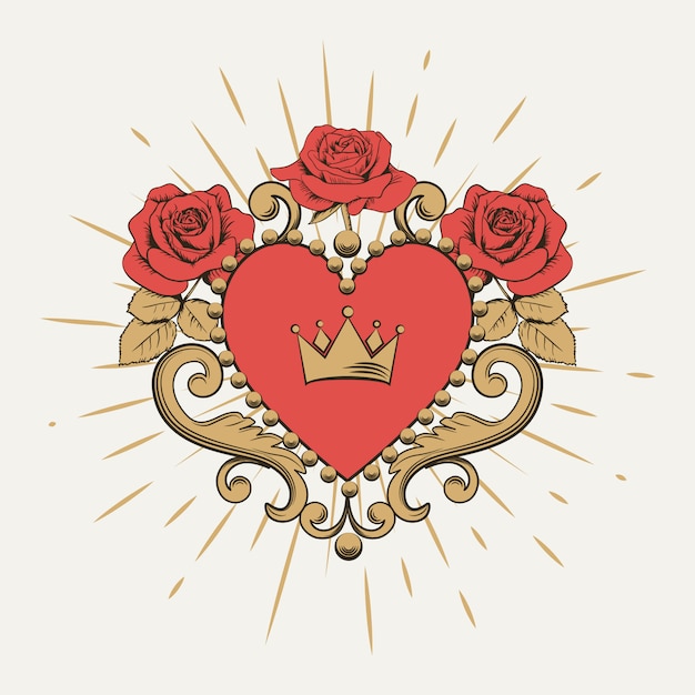 Vettore bello cuore rosso ornamentale con la corona e le rose su fondo bianco.