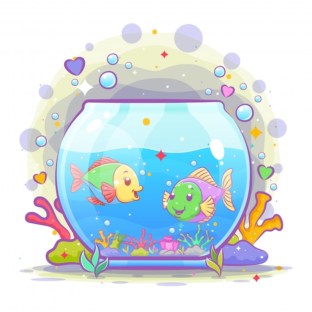 The beautiful oval aquarium have two small fish inside it