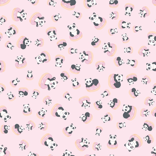 Vector beautiful panda holding a donut seamless pattern on a white background