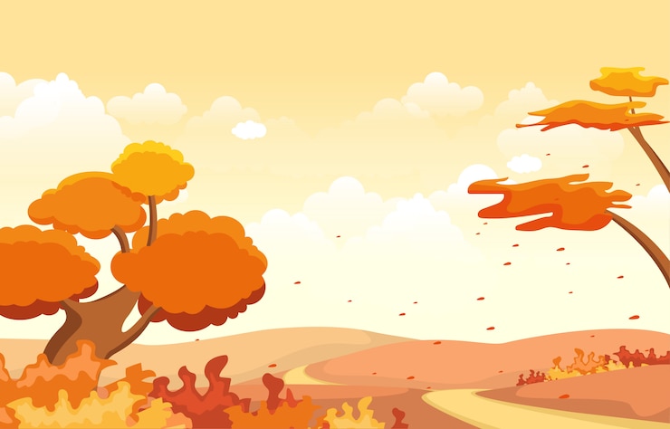 Vector beautiful park garden in fall autumn with tree sky landscape illustration