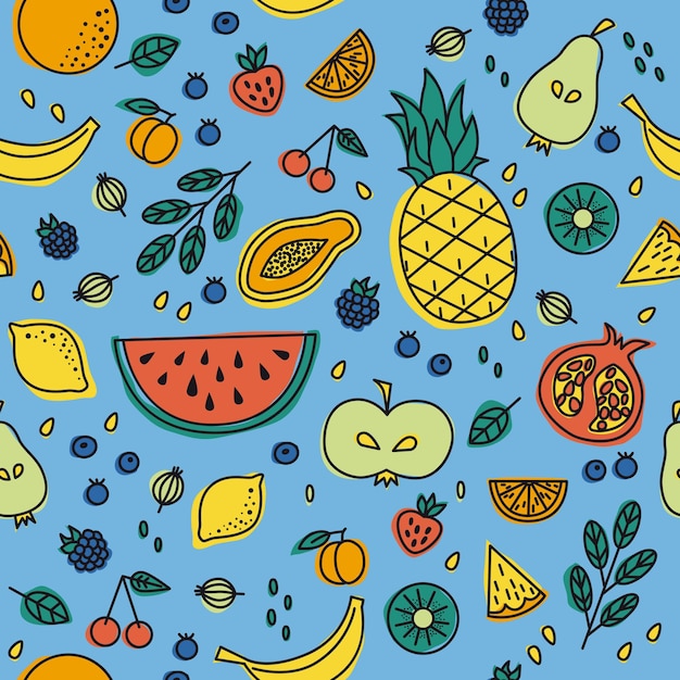 Beautiful pattern with different fruits Repeating pattern on a blue background for clothes