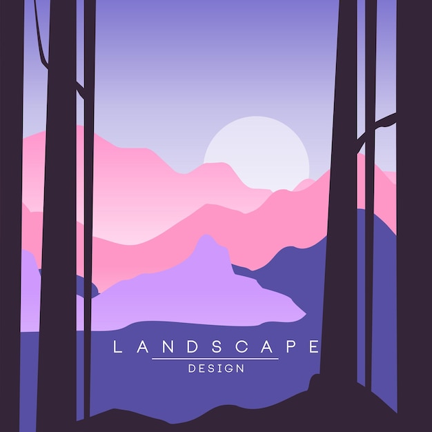 Bellissimo paesaggio tranquillo, tramonto in montagna, sfondo della natura per banner, flyer, poster e copertina, illustrazione vettoriale, web design